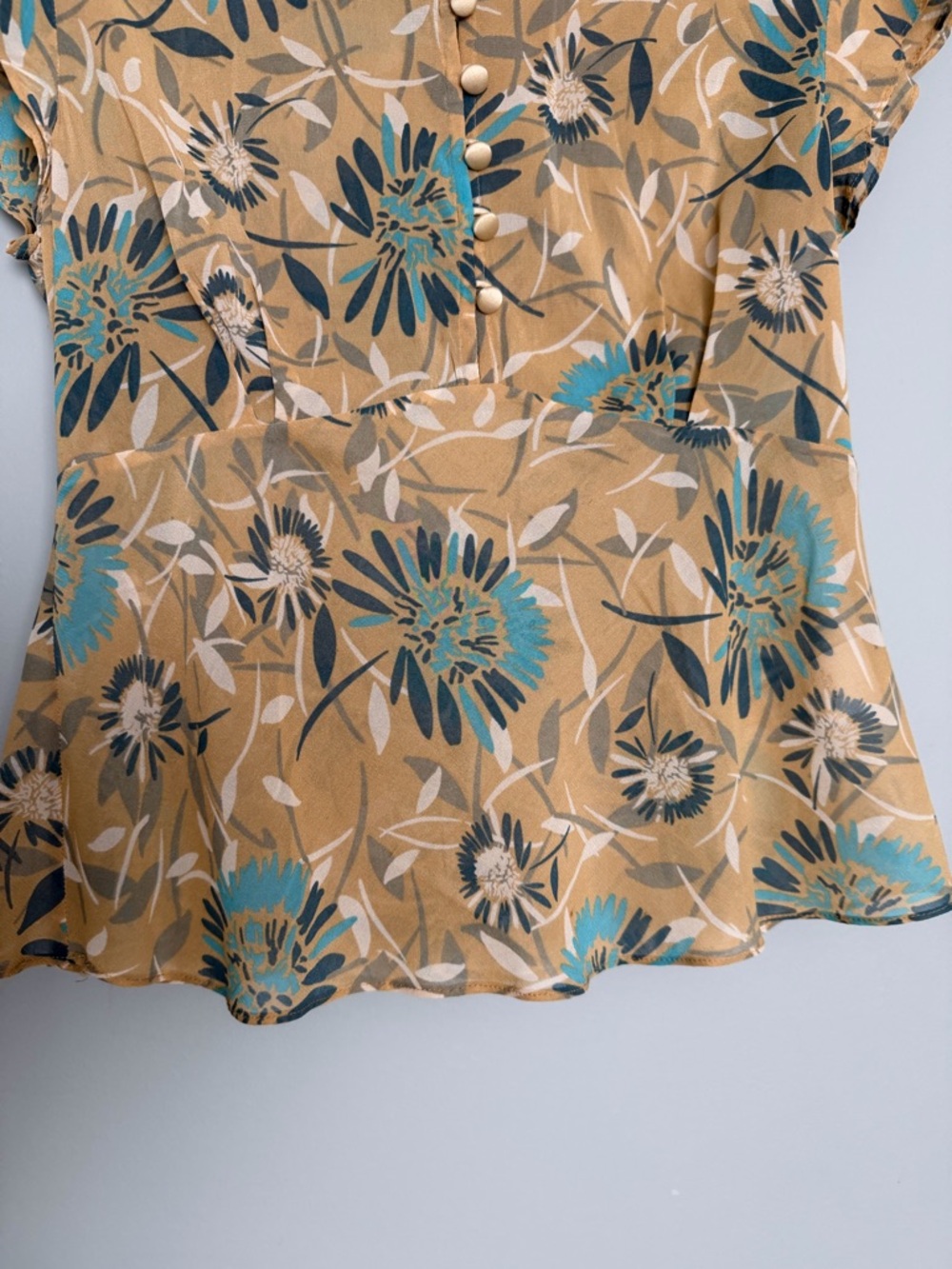 St. John Silk Teal Golden Yellow Floral Collarless Cap Sleeve Sheer Blouse Top - Picture 6 of 16